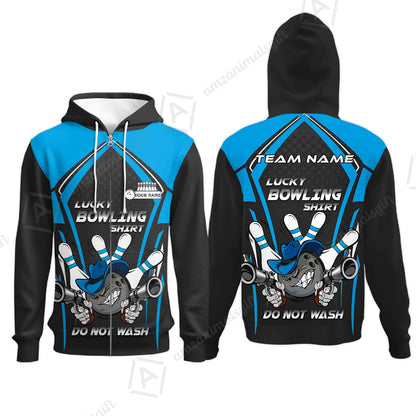 Customized Bowling Team Zip Hoodie, Lucky Bowling Shirt Do Not Wash Bowling Ball Aiming Guns, Personalized Name Bowling Shirt