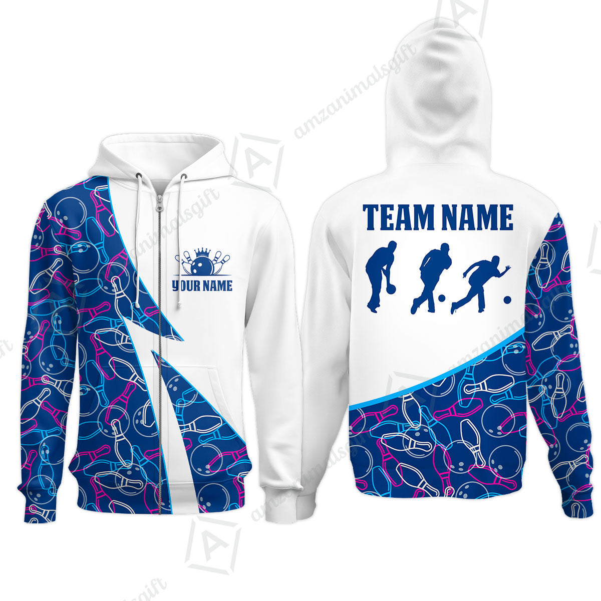 Custom Bowling Team Bowling Jersey, Neon Pattern Bowling Jersey With Player Silhouettes Multicolor Polo Quarter-Zip Shirts, Custom Bowling Uniforms Jerseys