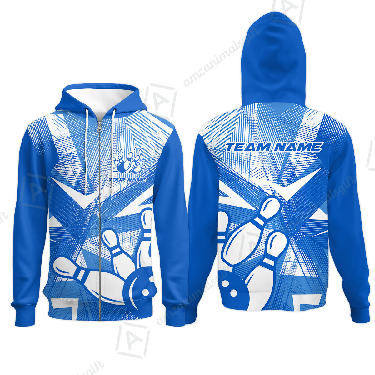 Customized Bowling Zip Hoodie, Bowling Ball And Pins Esports Pattern Zip Hoodie Uniform For Bowlers