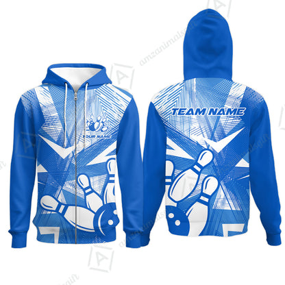 Customized Bowling Zip Hoodie, Bowling Ball And Pins Esports Pattern Zip Hoodie Uniform For Bowlers