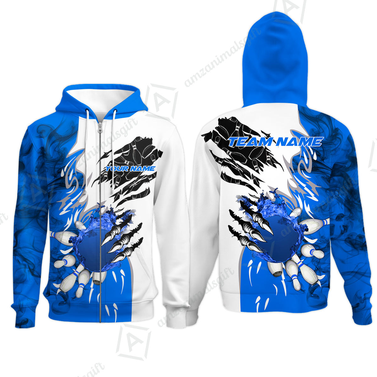Customized Bowling Zip Hoodie, Bowling And Pins Plame Monster Hand Premium Multicolor Option Personalized Name And Team Zipper Polo Jerseys Shirts