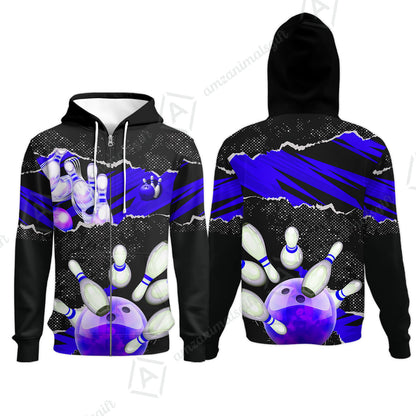 Personalized Bowling Zip Hoodie, Bowling Uniforms Ball & Pins Sport Pattern Custom Name And Team Name For Bowlers