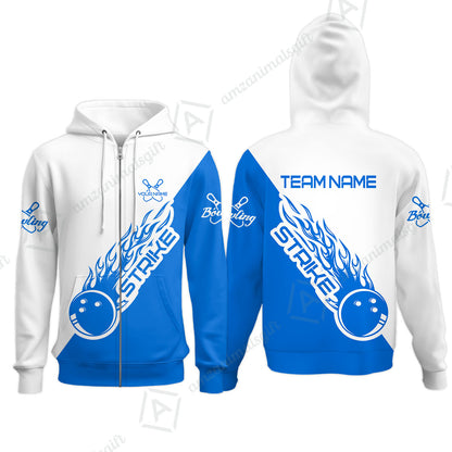 Bowling Customized Jersey White Blue Shirt Strike Ball Bowling Tenpin Quarter Zip Shirt For Bowlers, Bowling Team