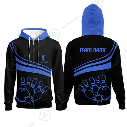 Bowling Customized Jersey Black Shirt Blue Curve Bowling Tenpin Quarter Zip Shirt, Outfit For Bowlers, Bowling Team