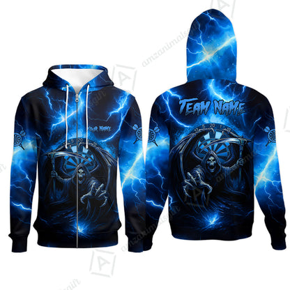 Customized Darts Zip Hoodie, Darts Grim Reaper Thunder Lightning Turquoise And Blue Team Jersey For Darts Player