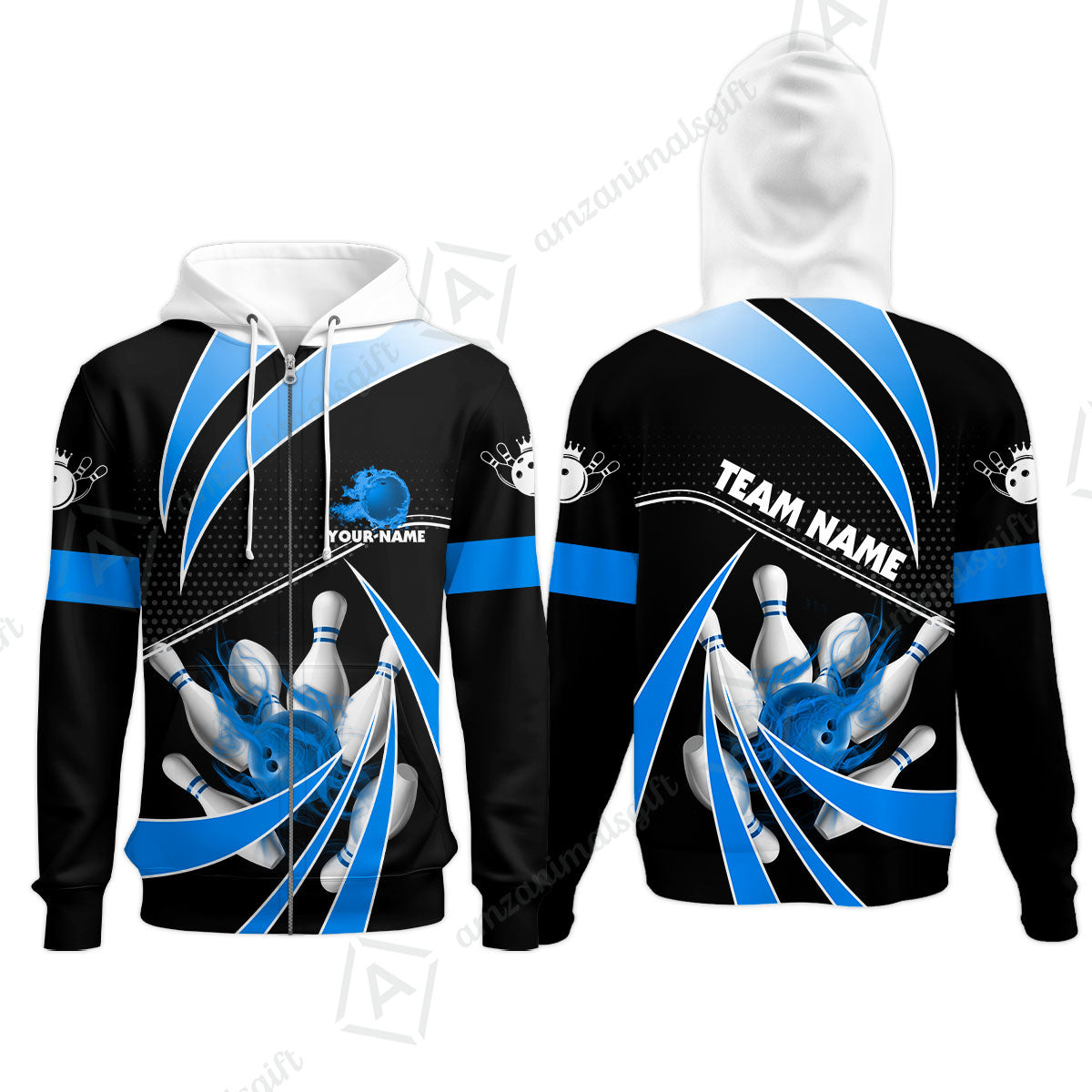 Customized Bowling Zip Hoodie, Bowling Ball & Pins Fire Light Sport Zip Hoodie Multicolor Option For Bowlers