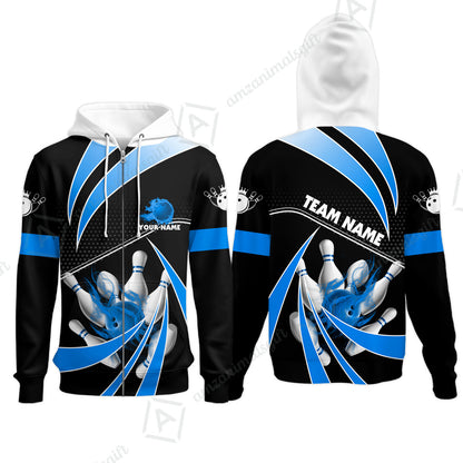 Customized Bowling Zip Hoodie, Bowling Ball & Pins Fire Light Sport Zip Hoodie Multicolor Option For Bowlers