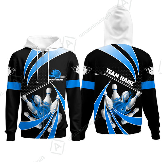 Customized Bowling Zip Hoodie, Bowling Ball & Pins Fire Light Sport Zip Hoodie Multicolor Option For Bowlers