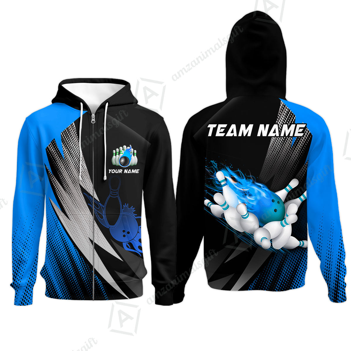 Customized Bowling Zip Hoodie, Bowling Ball And Pins Thunder Polka Dot Motifs Multicolor Option Customized Name And Team Polo Shirts