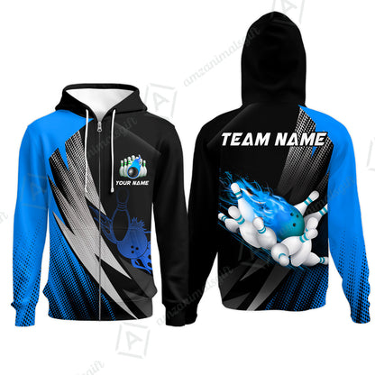 Customized Bowling Zip Hoodie, Bowling Ball And Pins Thunder Polka Dot Motifs Multicolor Option Customized Name And Team Polo Shirts