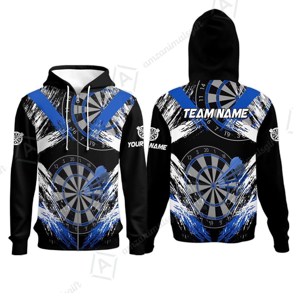 Customized Darts Zip Hoodie, Darts Tournament Grunge Style Multicolor Zip Hoodie Jersey For Darts Player