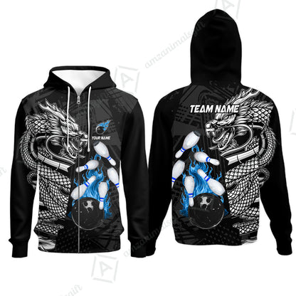 Custom Bowling Team Jerseys Polo Shirts, Bowling uniforms Bowling & Pins Dragon Flame Fire Multicolor Options Personalized Name And Team Name