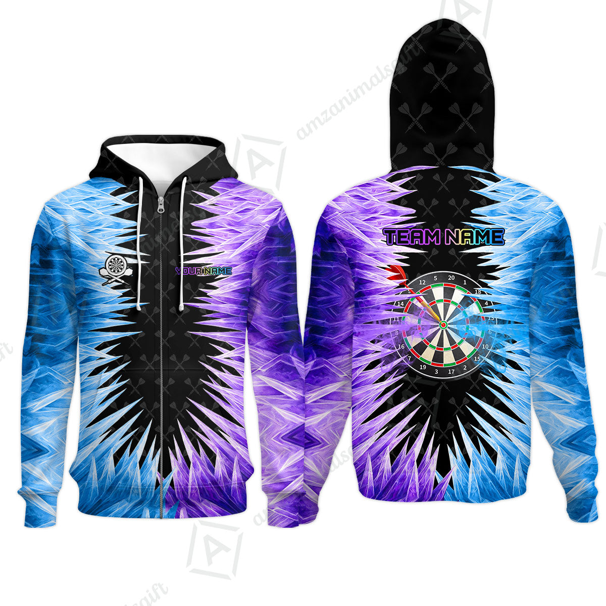 Customized Darts Zip Hoodie, Darts Dartboard Ice And Fire Multicolor Zip Hoodie Jersey For Darts Players