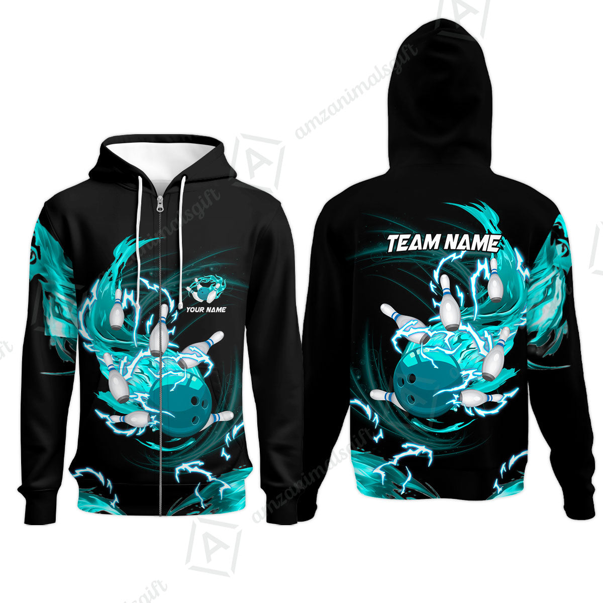 Customized Bowling Zip Hoodie, Bowling Ball & Pins Breath Of Thunder Flame Multicolor Option, Perfect Outfit For Bowlers