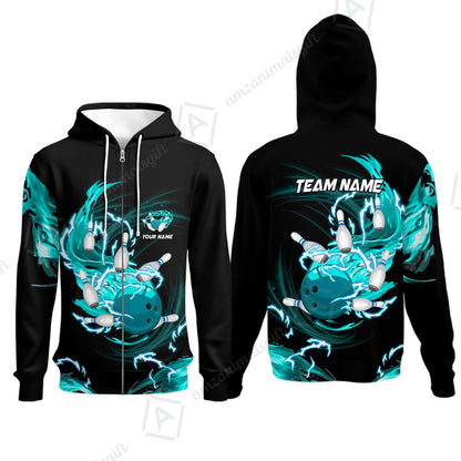 Customized Bowling Zip Hoodie, Bowling Ball & Pins Breath Of Thunder Flame Multicolor Option, Perfect Outfit For Bowlers