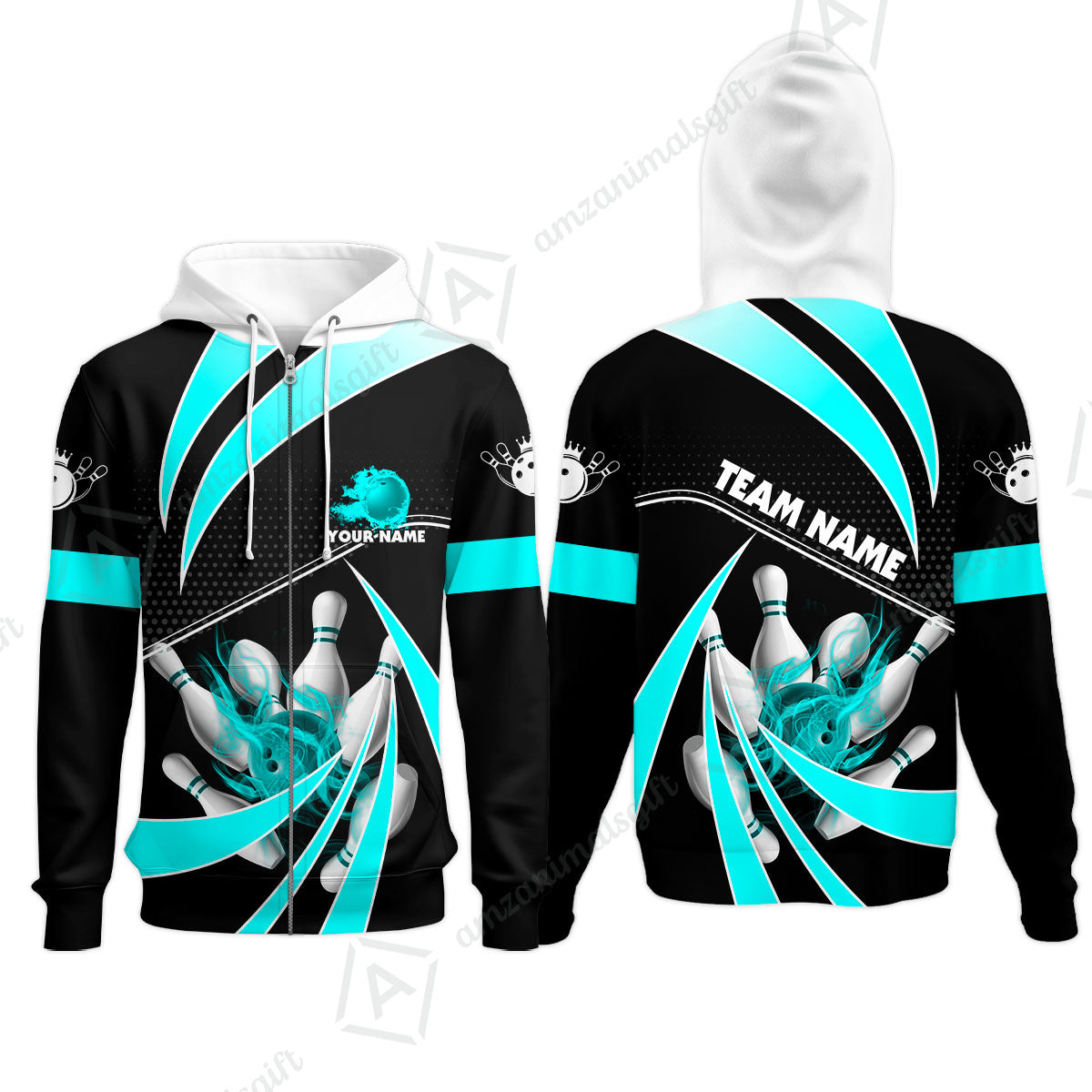 Customized Bowling Zip Hoodie, Bowling Ball & Pins Fire Light Sport Zip Hoodie Multicolor Option For Bowlers