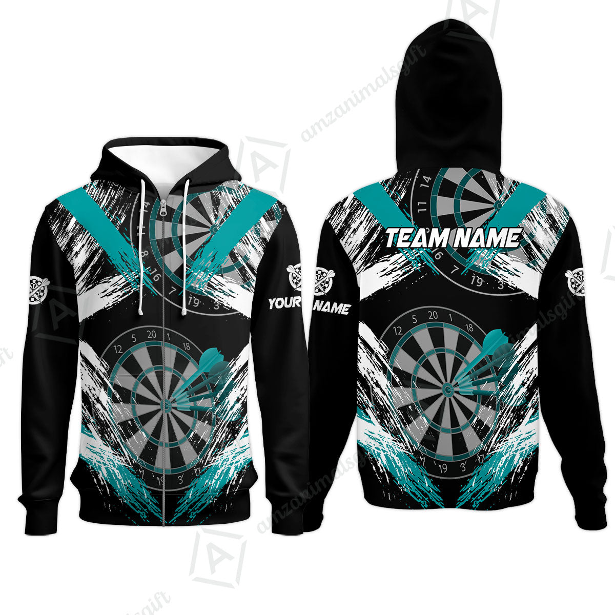 Customized Darts Zip Hoodie, Darts Tournament Grunge Style Multicolor Zip Hoodie Jersey For Darts Player