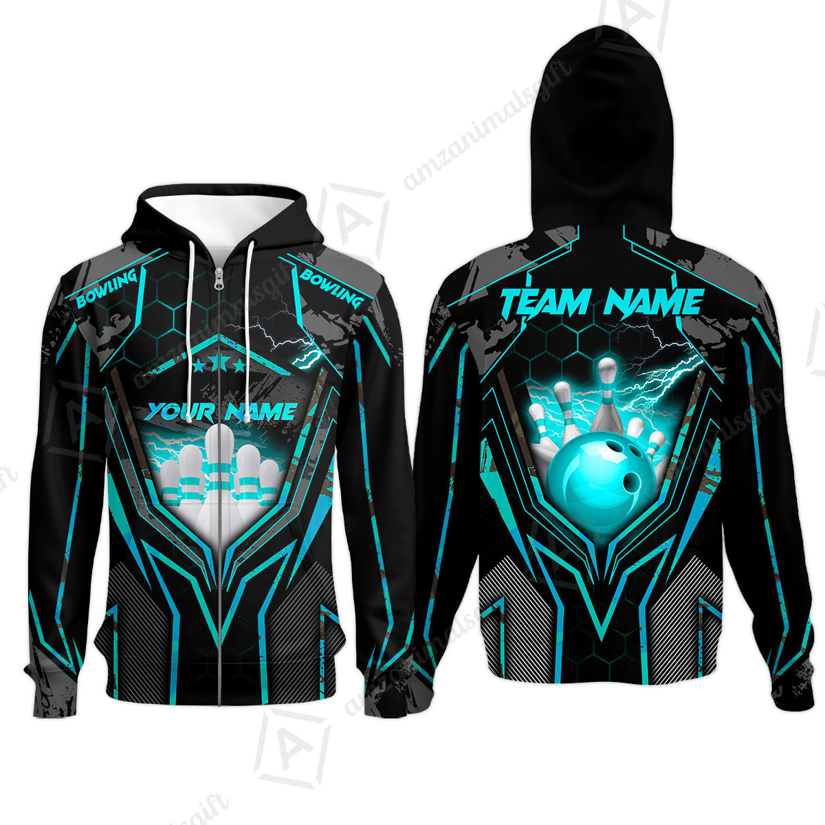 Customized Bowling Jersey, Bowling And Pins Abstract Grunge Texture X Multicolor Option Customized Name And Team Name Zipper Polo Jerseys Shirts