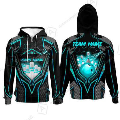 Customized Bowling Jersey, Bowling And Pins Abstract Grunge Texture X Multicolor Option Customized Name And Team Name Zipper Polo Jerseys Shirts