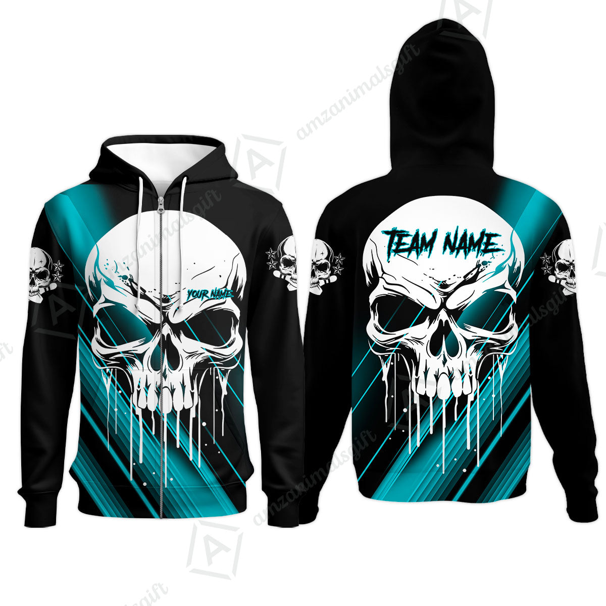 Customized Bowling Polo, Blue Skull Bowling Creepy Style Bowling jerseys Custom Name And Team Shirt