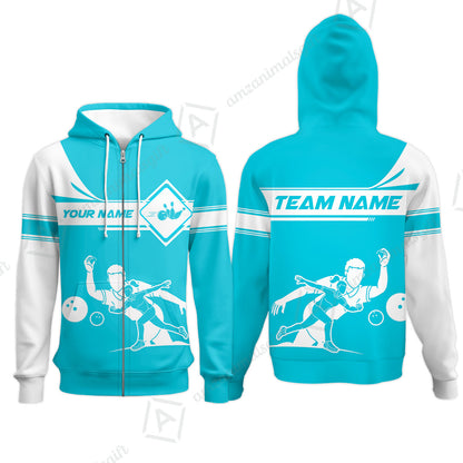 Customized Bowling Zip Hoodie, Men And Women Playing Bowling Ball Zip Hoodie Uniform Multicolor For Bowlers