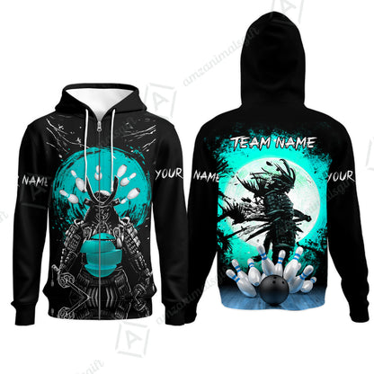 Custom Bowling Team Jerseys Polo Shirts, Bowling uniforms Ball And Pins Samurai Multicolor Options Personalized Name And Team Name