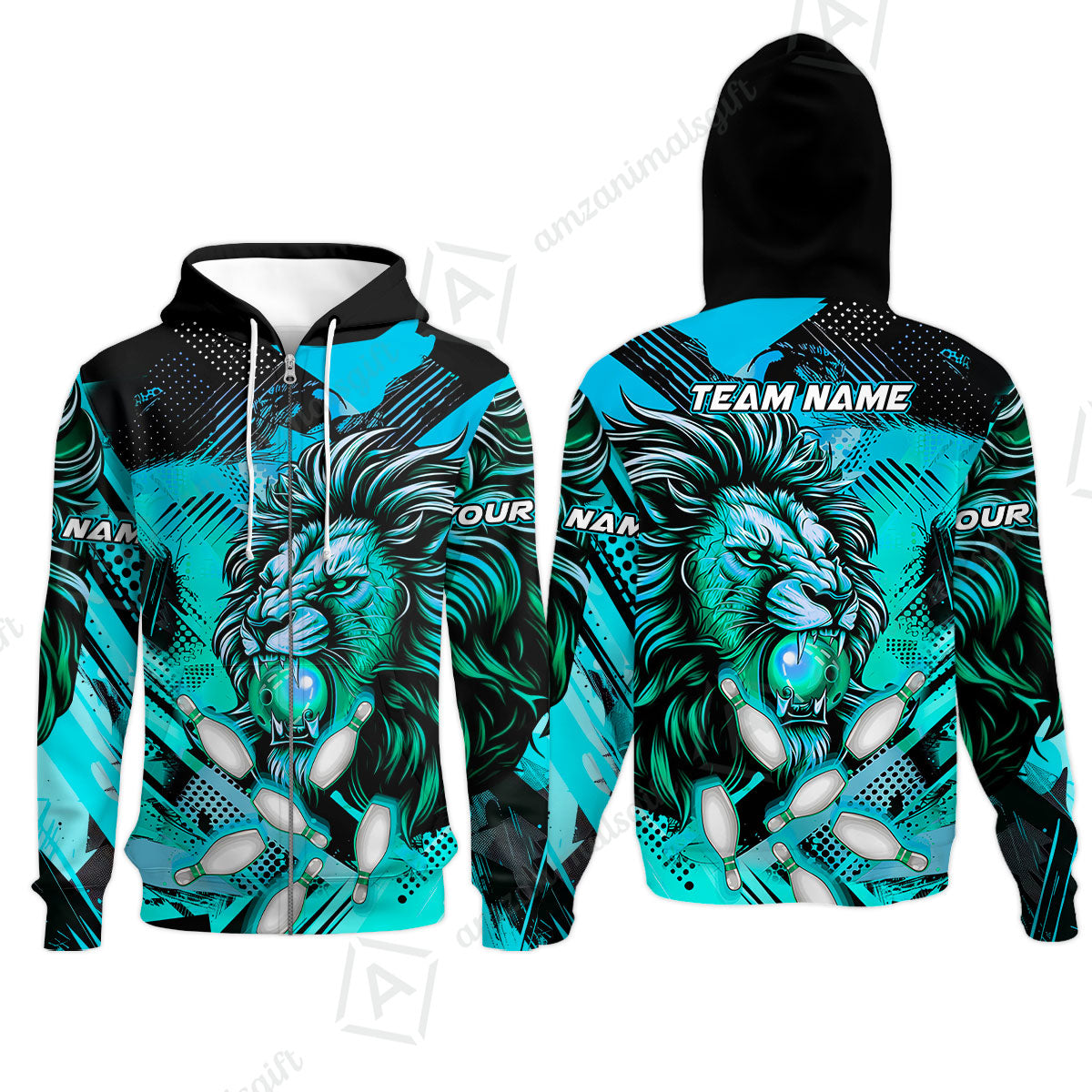 Custom Bowling Team Jerseys Shirts, Bowling uniforms Ball & Pins Lion Pattern Personalized Name And Team Name