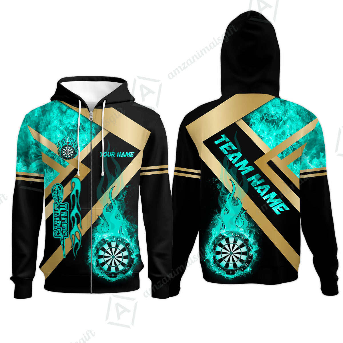 Customized Darts Zip Hoodie, Darts Dartboard Fire Flame Multicolor Team Zip Hoodie For Darts Players