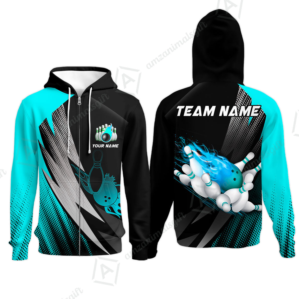 Customized Bowling Zip Hoodie, Bowling Ball And Pins Thunder Polka Dot Motifs Multicolor Option Customized Name And Team Polo Shirts