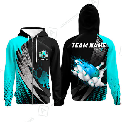 Customized Bowling Zip Hoodie, Bowling Ball And Pins Thunder Polka Dot Motifs Multicolor Option Customized Name And Team Polo Shirts