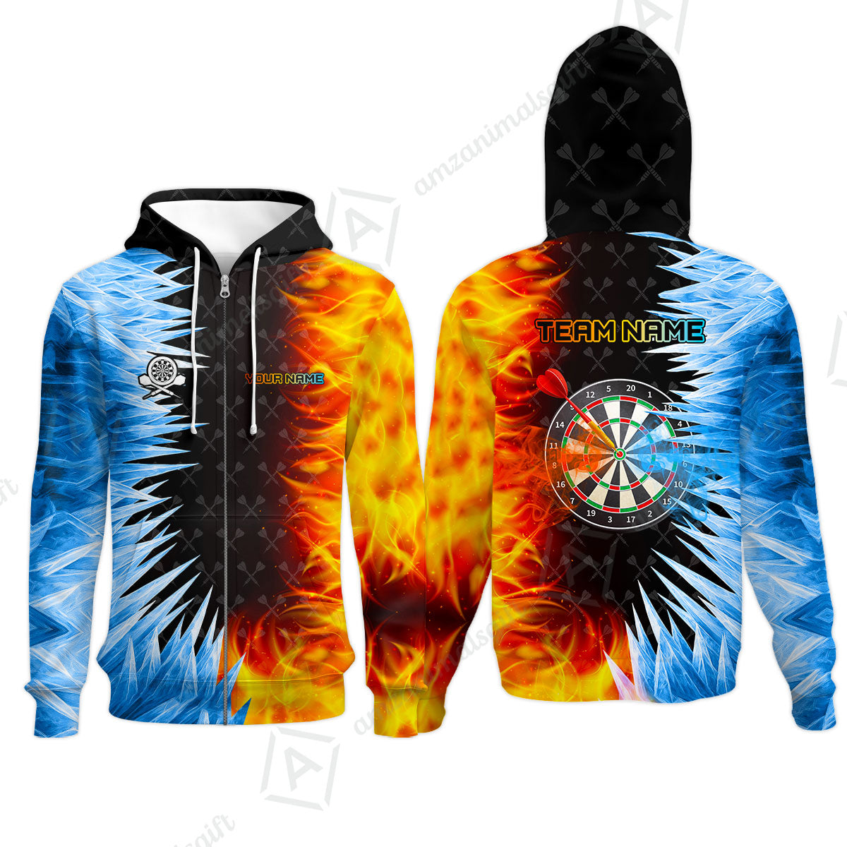 Customized Darts Zip Hoodie, Darts Dartboard Ice And Fire Multicolor Zip Hoodie Jersey For Darts Players