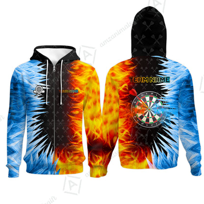 Customized Darts Zip Hoodie, Darts Dartboard Ice And Fire Multicolor Zip Hoodie Jersey For Darts Players