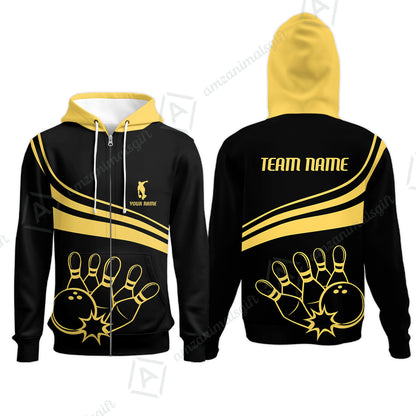Bowling Customized Jersey Black Shirt Gold Curve Bowling Tenpin Quarter Zip Shirt, Outfit For Bowlers, Bowling Team