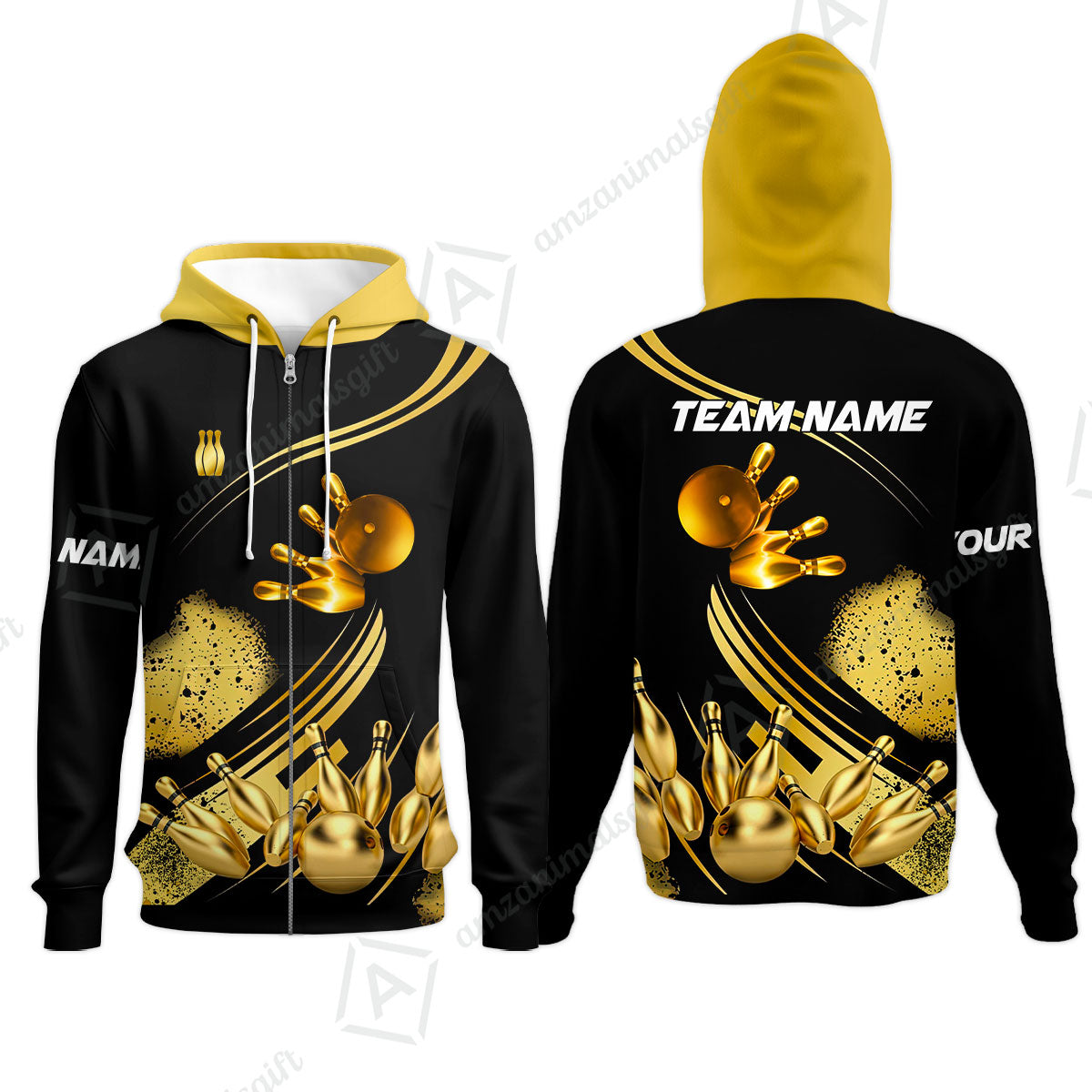 Custom Bowling Team Jerseys Polo Shirts, Bowling Uniforms Ball And Pins Ultimate Golden Multicolor Options Personalized Name And Team Name