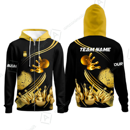 Custom Bowling Team Jerseys Polo Shirts, Bowling Uniforms Ball And Pins Ultimate Golden Multicolor Options Personalized Name And Team Name