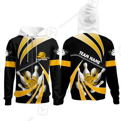 Customized Bowling Zip Hoodie, Bowling Ball & Pins Fire Light Sport Zip Hoodie Multicolor Option For Bowlers