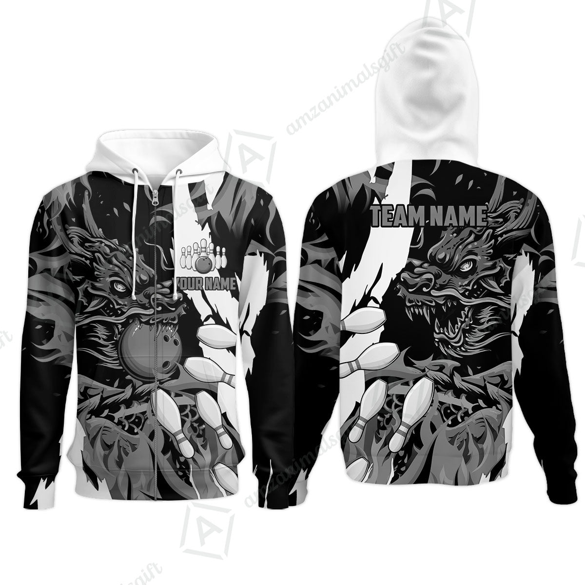 Custom Bowling Team Zip Hoodie, Bowling uniforms Ball & Pins Dragon Flame Pattern Personalized Name And Team Name