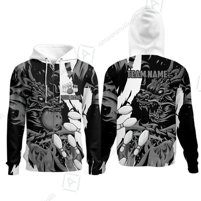 Custom Bowling Team Zip Hoodie, Bowling uniforms Ball & Pins Dragon Flame Pattern Personalized Name And Team Name