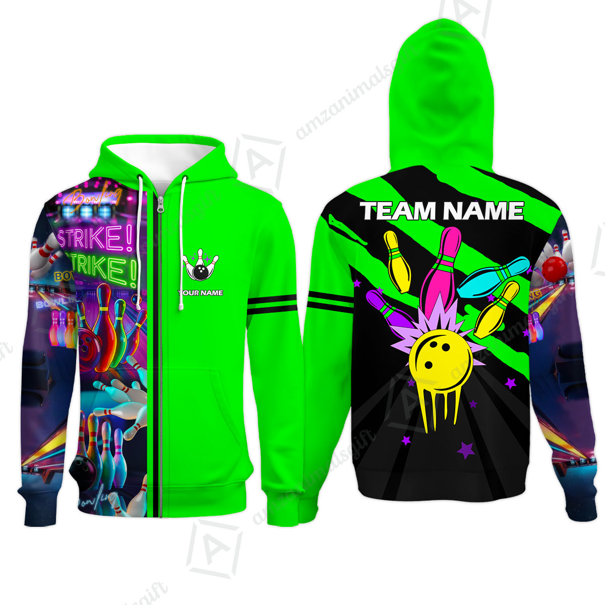 Custom Bowling Team Jersey Neon Bowling Strike Polo Shirts, Bowling Team Uniforms, Personalized Name And Team Name