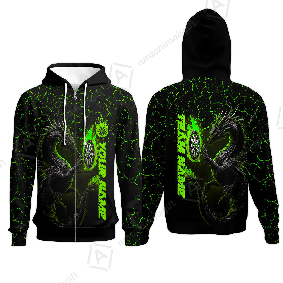 Customized Darts Zip Hoodie, Big Dragon Dartboard Flame Darts Zip Hoodie Team Style Jersey for Darts Players