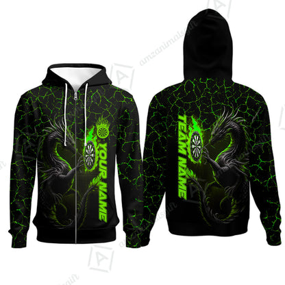 Customized Darts Zip Hoodie, Big Dragon Dartboard Flame Darts Zip Hoodie Team Style Jersey for Darts Players