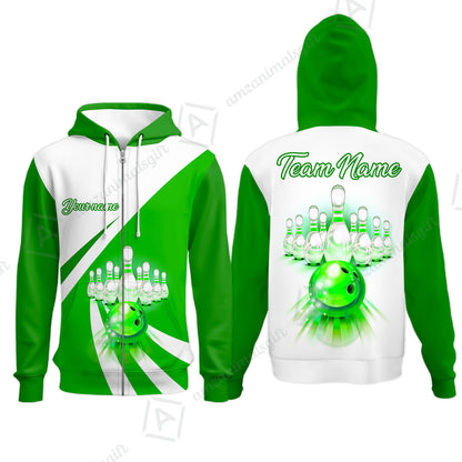 Bowling Customized Jersey White Green Shirt Rolling Bowling Tenpin Quarter Zip Shirt, Outfit For Bowlers, Bowling Team