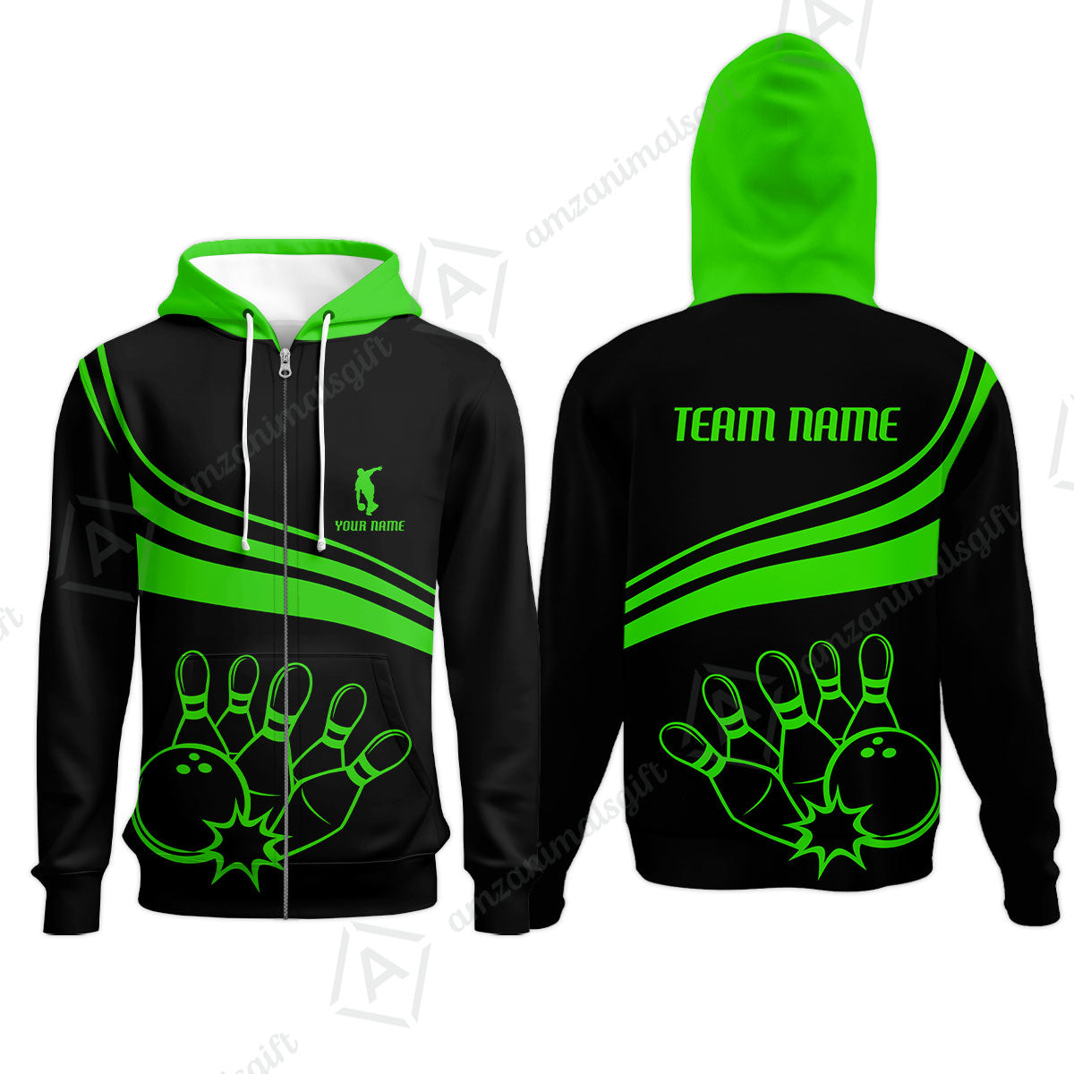Bowling Customized Jersey Black Shirt Green Curve Bowling Tenpin Quarter Zip Shirt, Outfit For Bowlers, Bowling Team