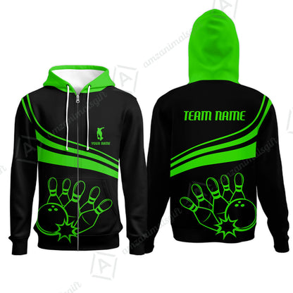 Bowling Customized Jersey Black Shirt Green Curve Bowling Tenpin Quarter Zip Shirt, Outfit For Bowlers, Bowling Team