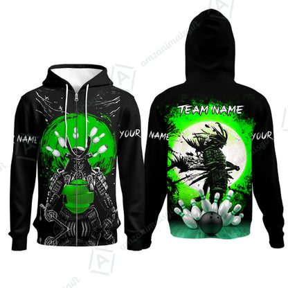 Custom Bowling Team Jerseys Polo Shirts, Bowling uniforms Ball And Pins Samurai Multicolor Options Personalized Name And Team Name