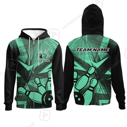 Customized Bowling Zip Hoodie, Bowling Ball And Pins Esports Pattern Zip Hoodie Uniform For Bowlers