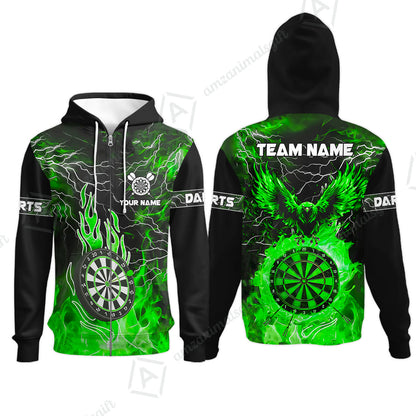 Custom Darts Team Jersey, Dartboard Fire Flame Custom Eagle Darts Jersey Polo Quarter-Zip Shirts, Custom Name And Team Name Darts Uniforms Jersey