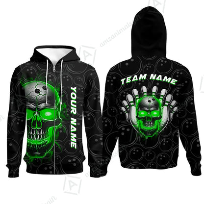 Customized Bowling Team Jersey Skull Flaming In Bowling Pattern Personalized Name Team Name Quarter-Zip Jerseys For Bowlers