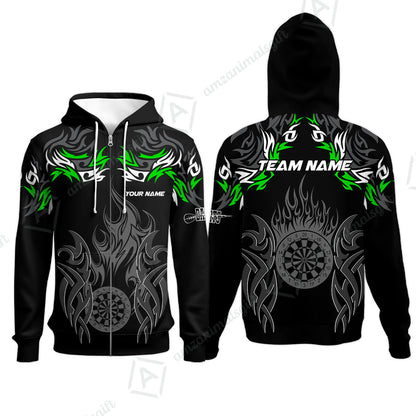 Customized Darts Zip Hoodie, Dartboard Fire Flame Darts Zip Hoodie Multicolor Team Style, Jersey for Darts Players