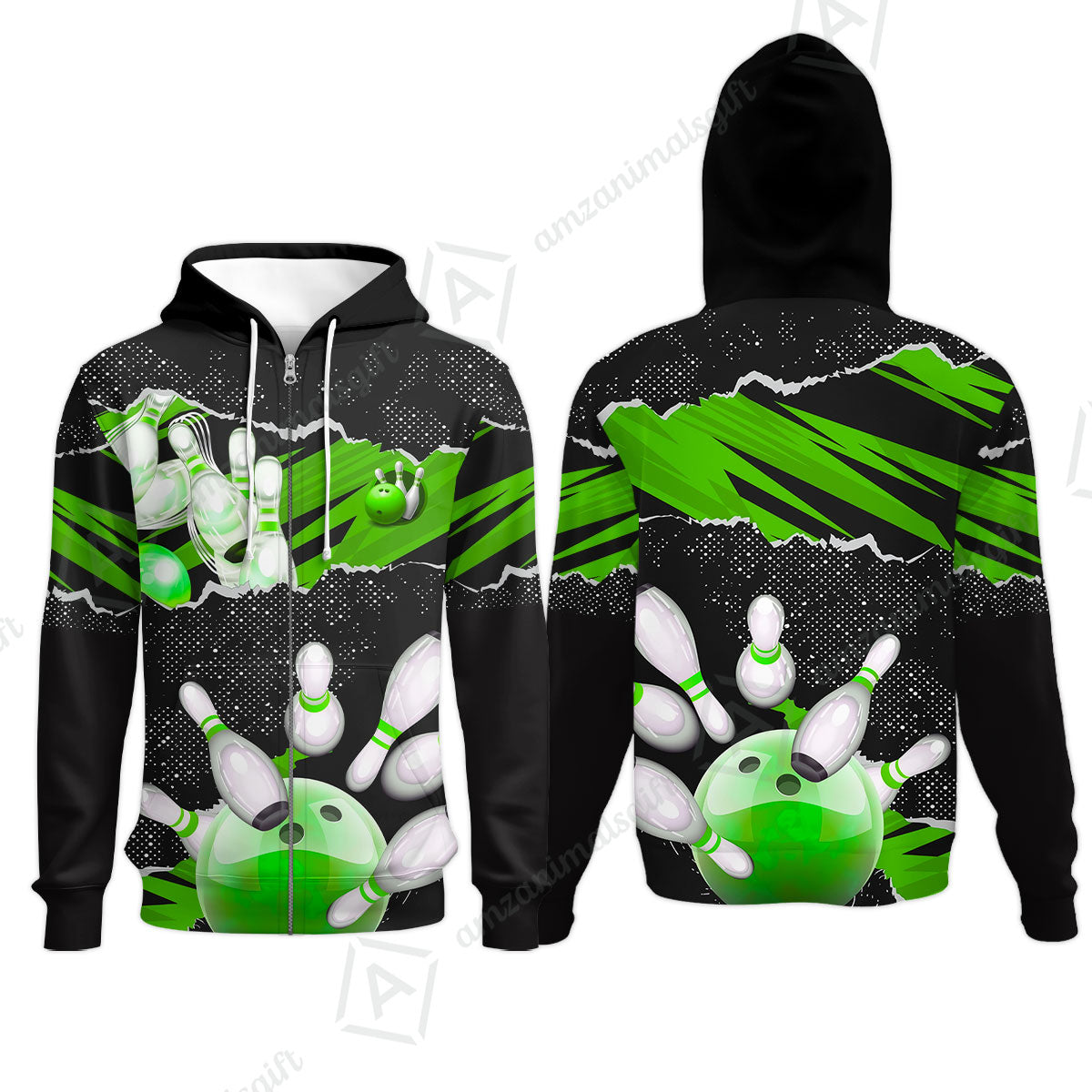 Personalized Bowling Zip Hoodie, Bowling Uniforms Ball & Pins Sport Pattern Custom Name And Team Name For Bowlers